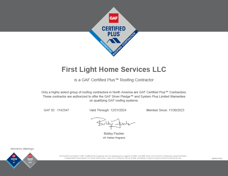 First Light Home Services GAF Certified Plus certificate